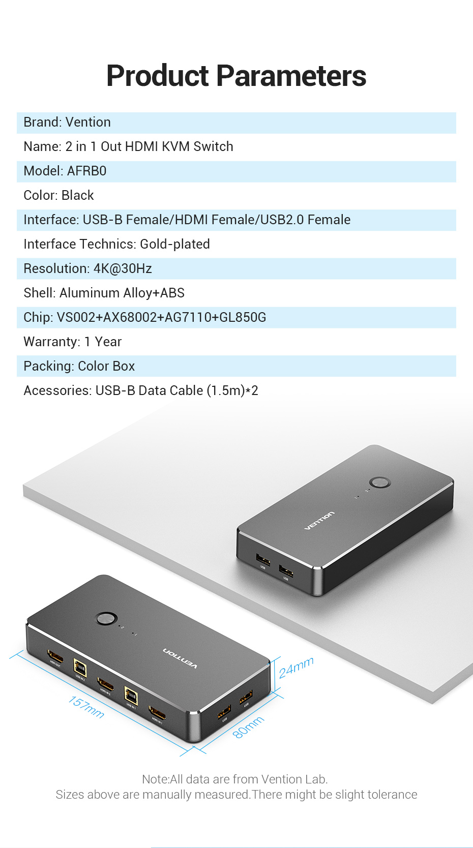 Bộ gộp HDMI 2 vào 1 ra Vention với cổng USB hỗ trợ bàn phím, chuột - Hàng chính hãng