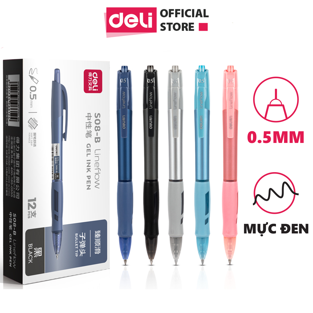 Bút Bi Nước Mực Gel Bấm Ngòi 0.5mm Deli - Mực Đen Nhanh Khô, Viết Đều, Trơn Tru, Phù Hợp Văn Phòng Học Sinh - S08-B