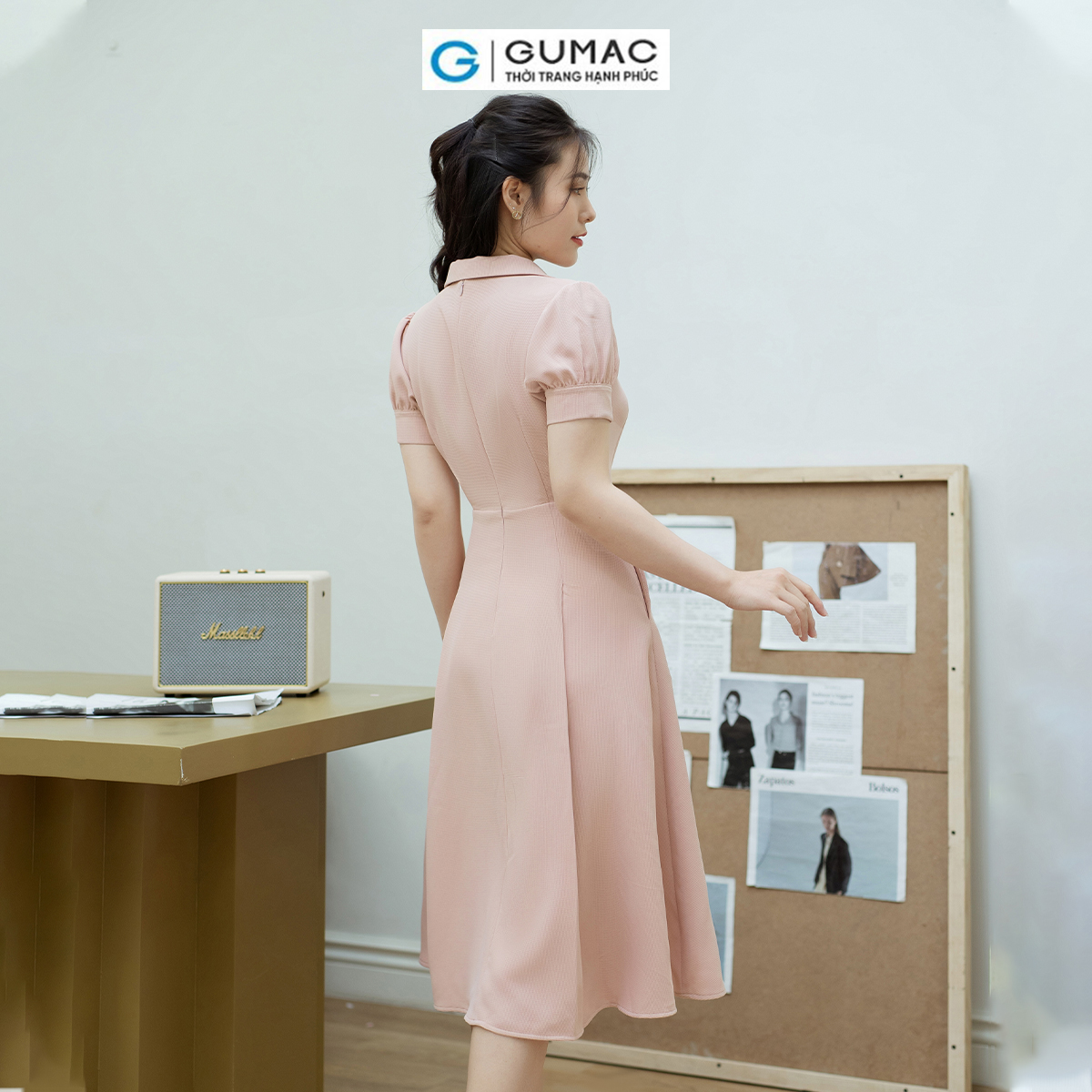 Đầm A xòe tay phồng GUMAC DD08048