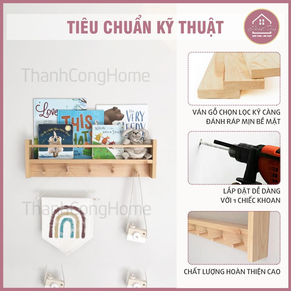 Móc Treo Gỗ Thông Decor, Móc Kết Hợp Kệ Sách Gắn Tường