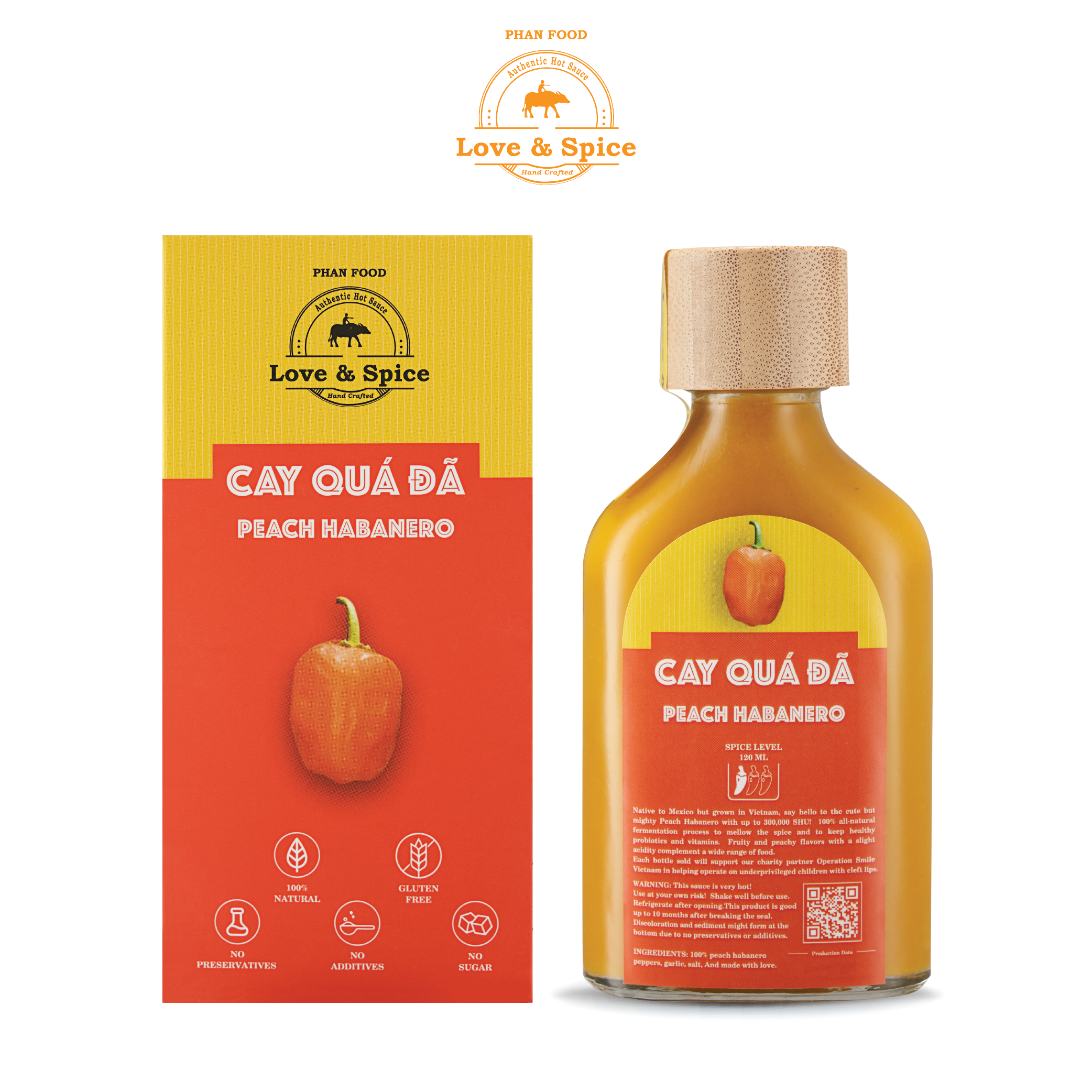 CAY QUÁ ĐÃ - Tương ớt siêu cay Love &amp; Spice (cấp độ 1) lên men tự nhiên từ ớt Peach Habanero chai 120ml