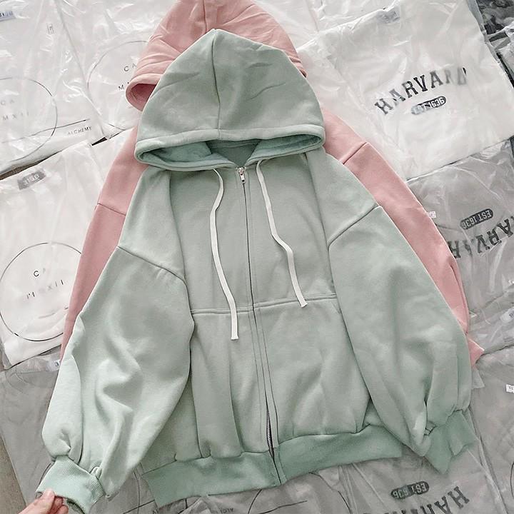 Áo khoác nữ form rộng hoodie có mũ trơn tay bồng có khóa kéo phong cách Hàn Quốc Áo khoác nữ mùa đông YiiL K01