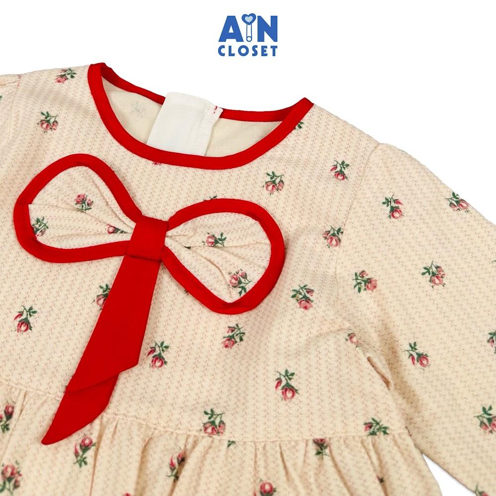 Đầm tay dài bé gái họa tiết Hoa Nhí Nơ Đỏ thô cà bông - AICDBGUT63YG - AIN Closet
