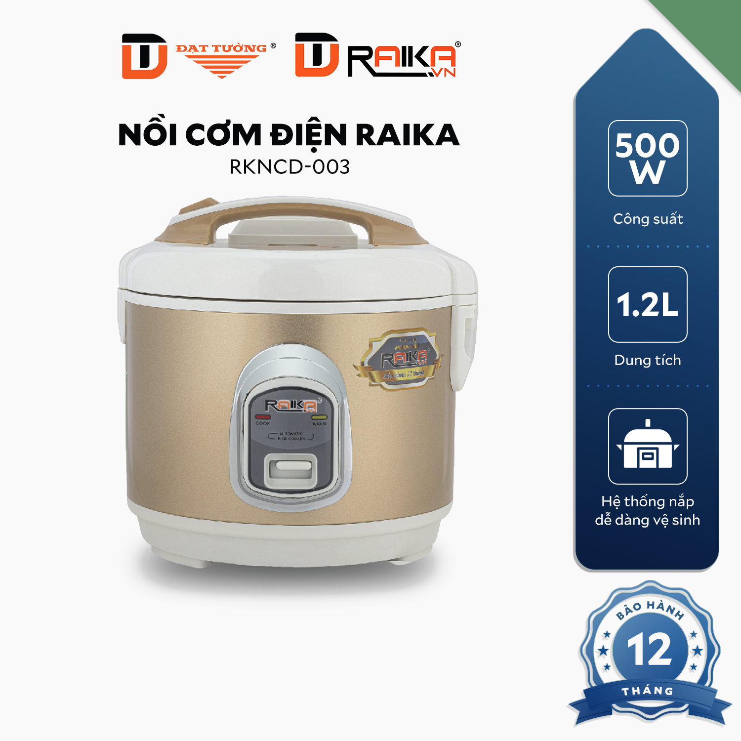 Nồi Cơm Điện Raika Vàng 1,2L - RKNCD03 - Hàng Chính Hãng