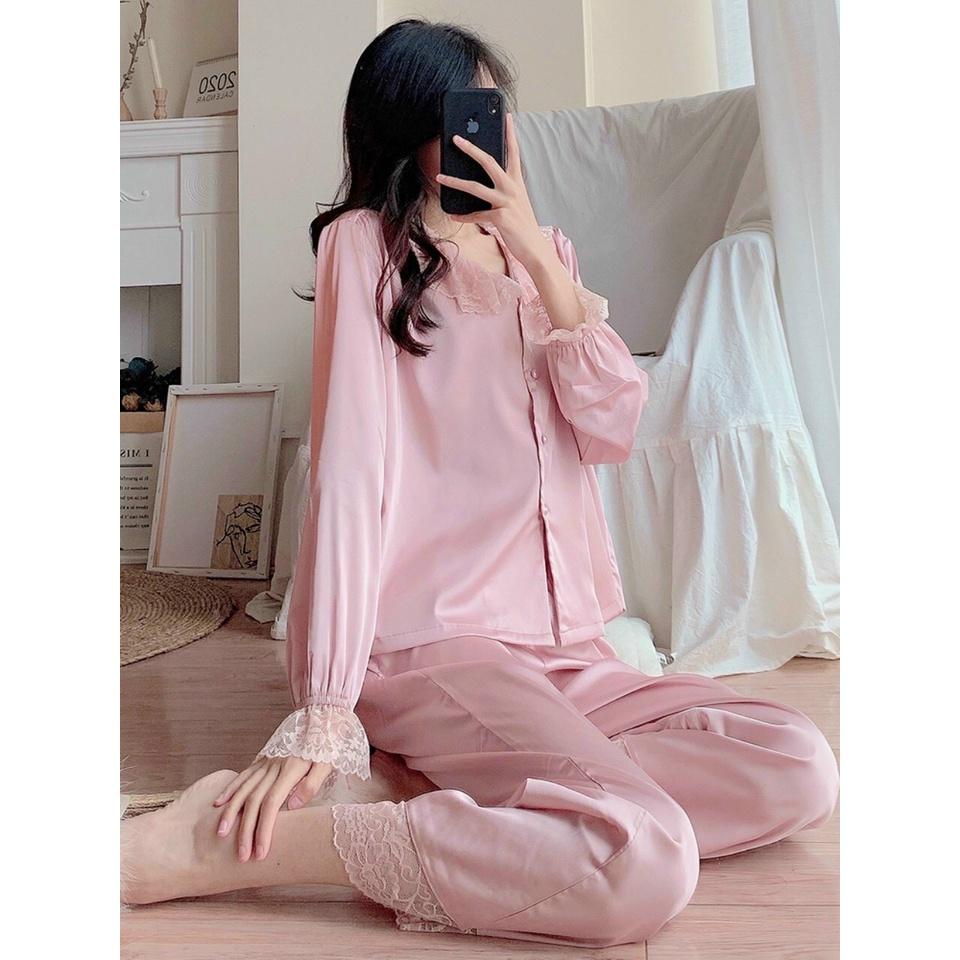 Đồ Bộ Pijama Lụa Cổ Phối Ren Tay Dài Quần Dài Mặc Nhà Hàng Chuẩn Đẹp Sang Trọng Cao Cấp QC635285