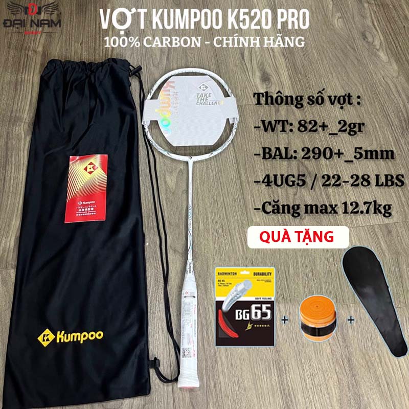 Vợt Cầu Lông KUMPOO K520 Pro Căng Sẵn 11kg Khung Carbon + Tặng Cuốn Cán Và Bao Đựng Vợt