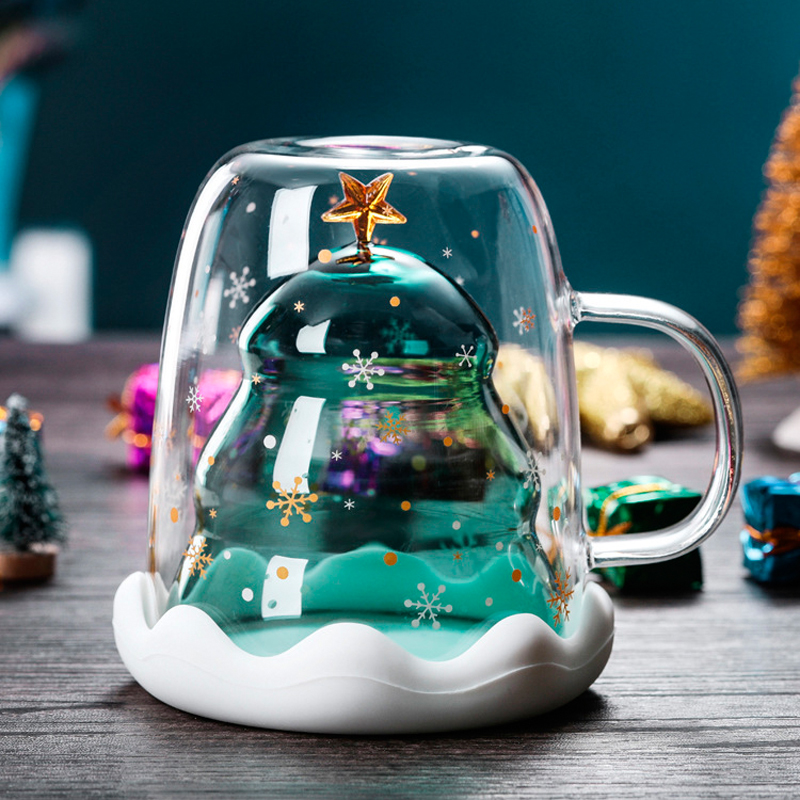 Ly thủy tinh giáng sinh chịu nhiệt Borosilicate 2 lớp có nắp kiểu dáng cây noel