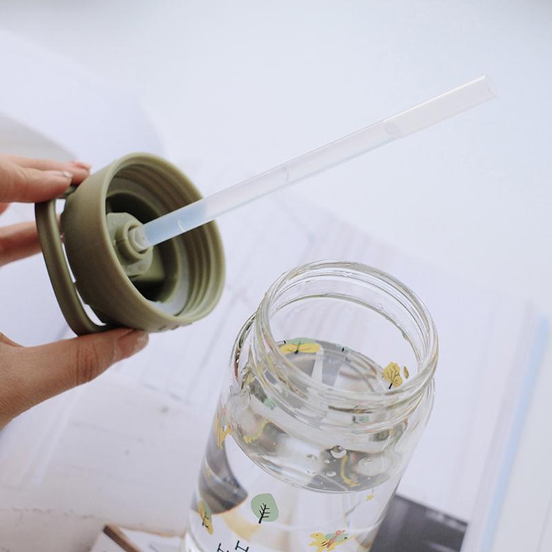 350 Ml Dễ Thương Bình Nước Thủy Tinh Đựng Dành Cho Trẻ Em Kids Sữa Có Ống Hút Và Lật Nắp Cô Gái Rò Rỉ Chống Du Lịch uống Không Chứa BPA Cup