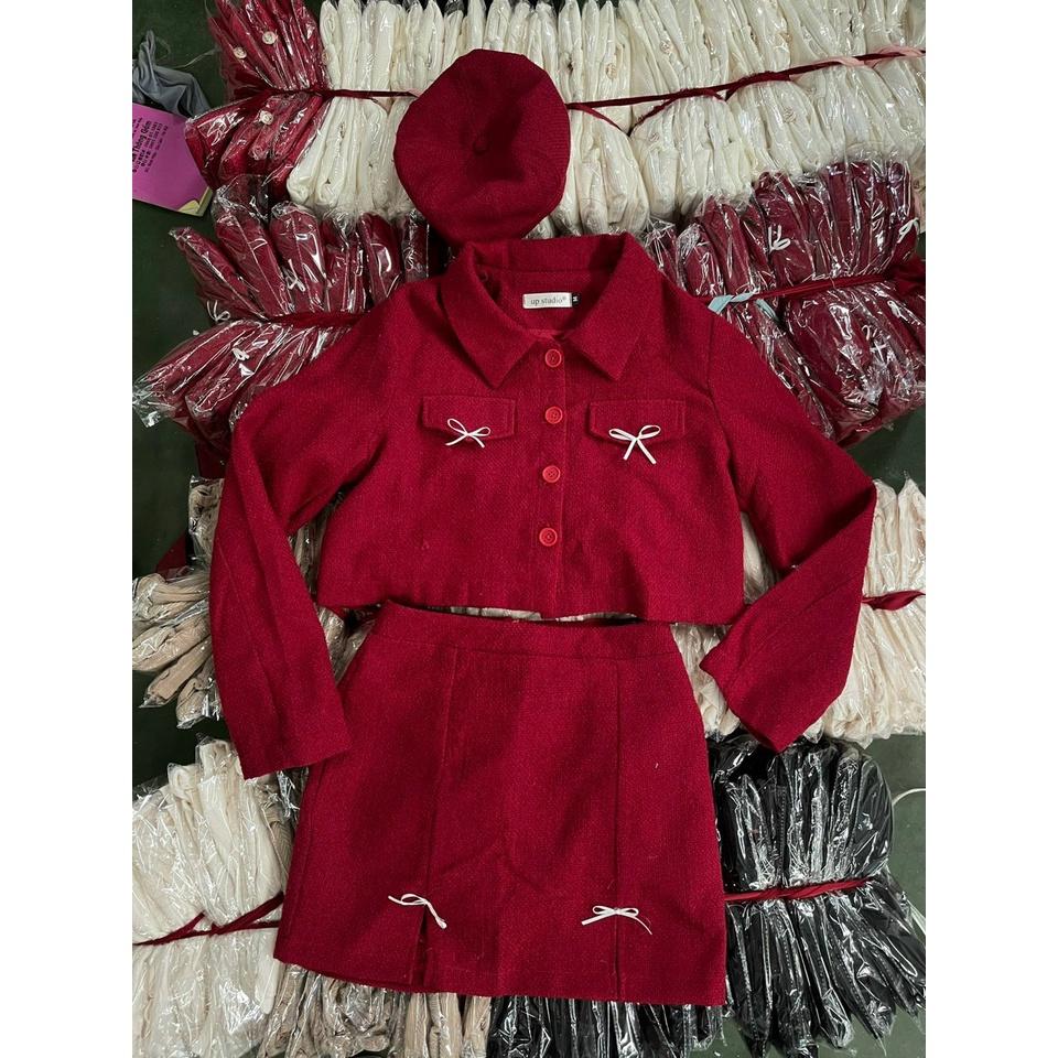 Set dạ tweed đỏ xẻ nơ tặng kèm mũ nồi