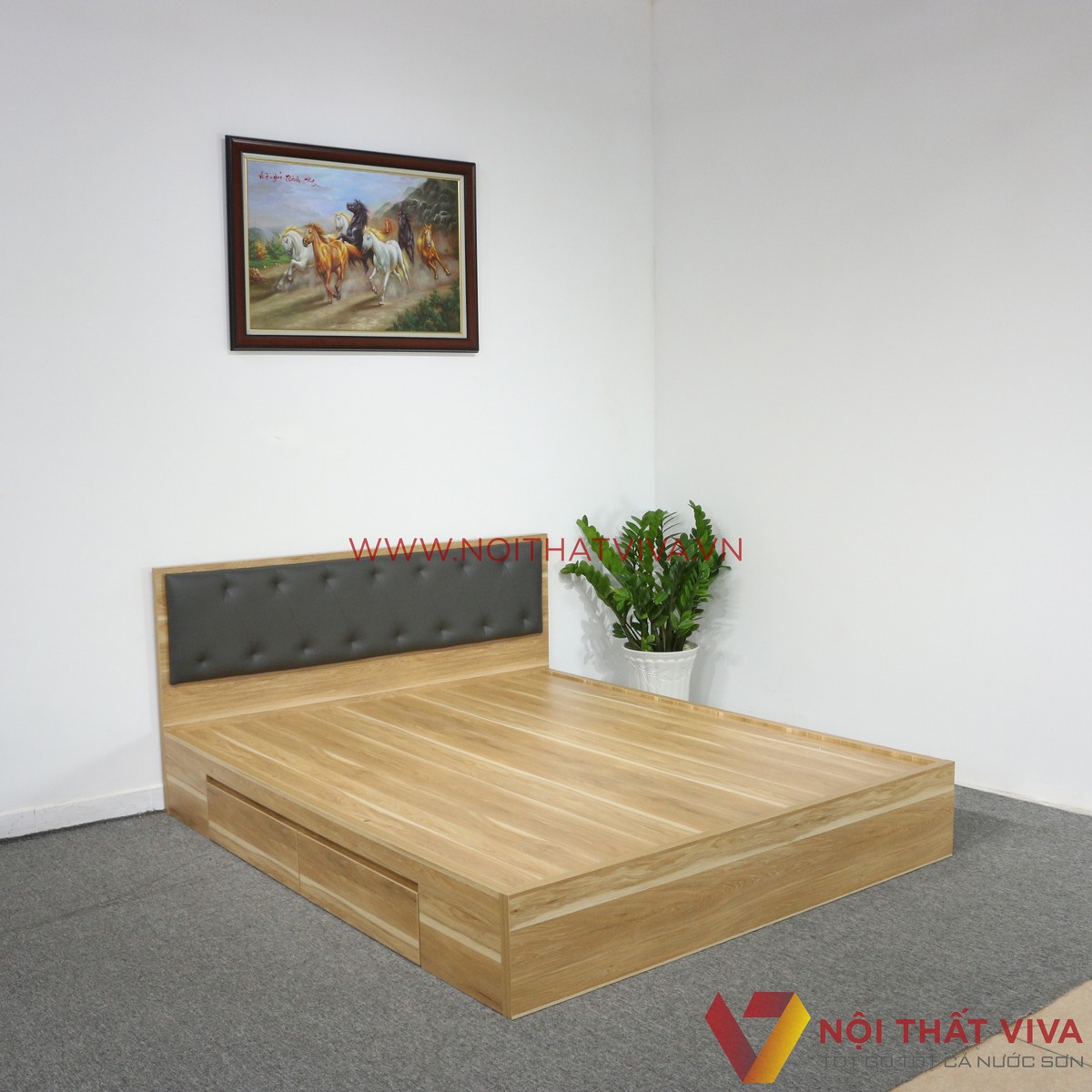 Giường Ngủ Gỗ MDF Melamine Vân Gỗ Vàng Sọc Có Hộc Kéo + Đầu Nệm Đen Đẹp