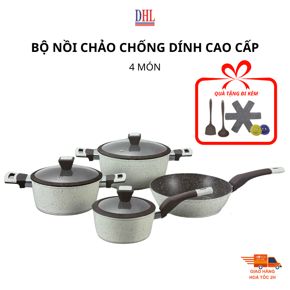 Bộ nồi chảo bếp từ vân đá chống dính cao cấp Mitomo Giyoca 4 món - Hàng chính hãng BH 24 tháng