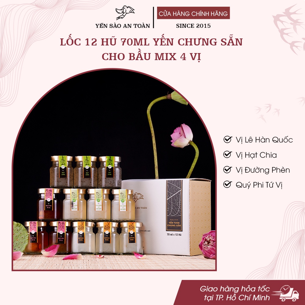 Combo 12 hũ yến chưng sẵn cho bầu mix 4 vị ĐẬM ĐẶC YẾN TƯƠI từ Yến Sào An Toàn