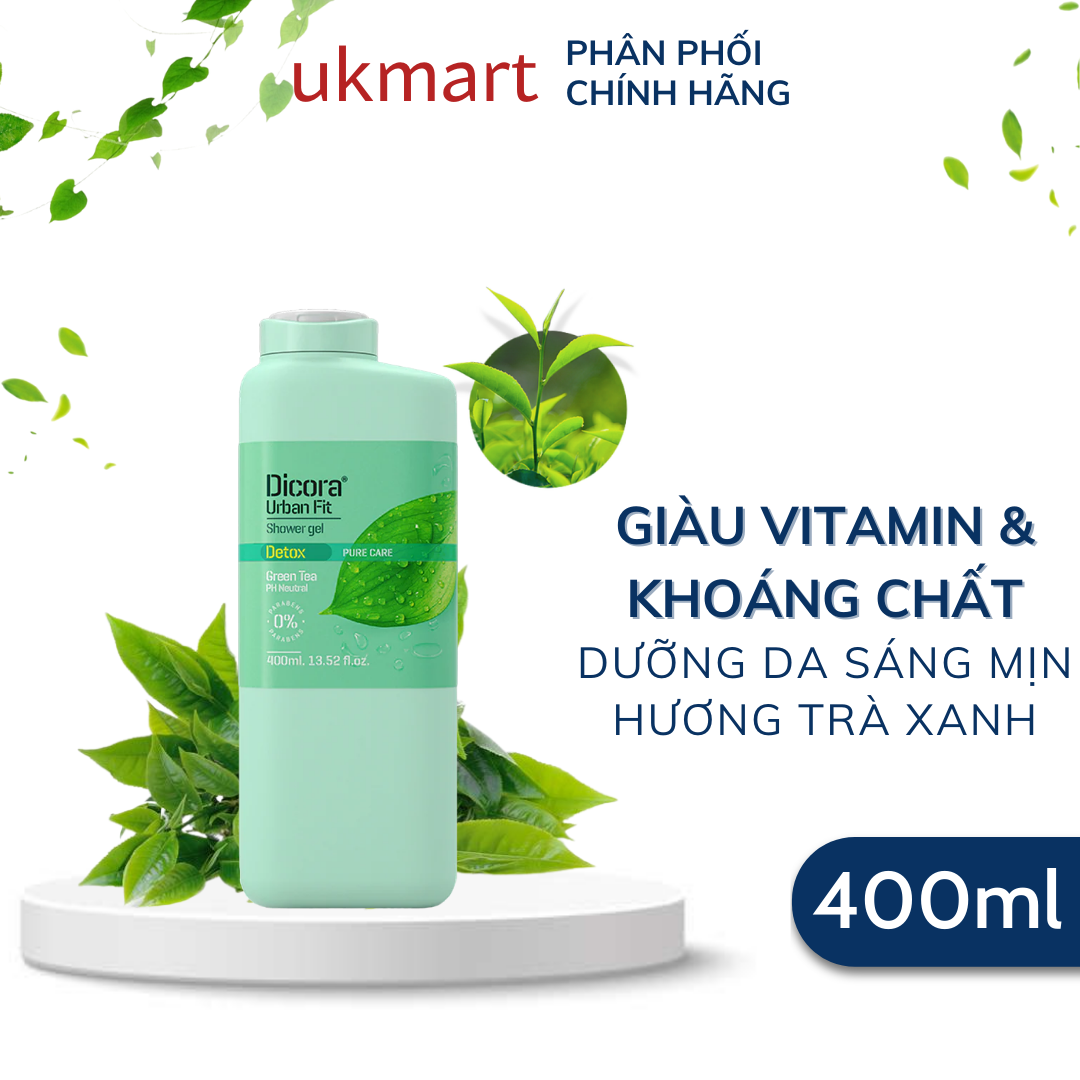 Sữa Tắm Detox Dicora Urban Fit Pure Care Green Tea Trà Xanh Dưỡng Ẩm Da Chiết Xuất Cỏ Vetiver &amp; Nhân Sâm Làm Sạch Sâu, Sảng Khoái 400~750ml