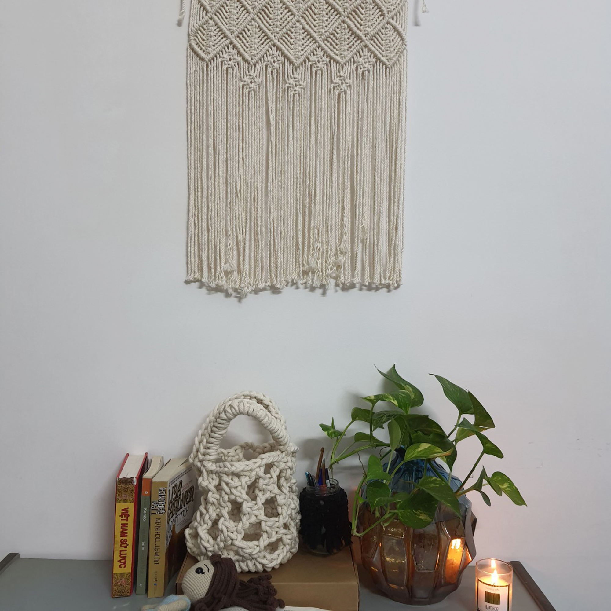 Rèm macrame trang trí tường, Rèm màu trắng, bohemien macrame