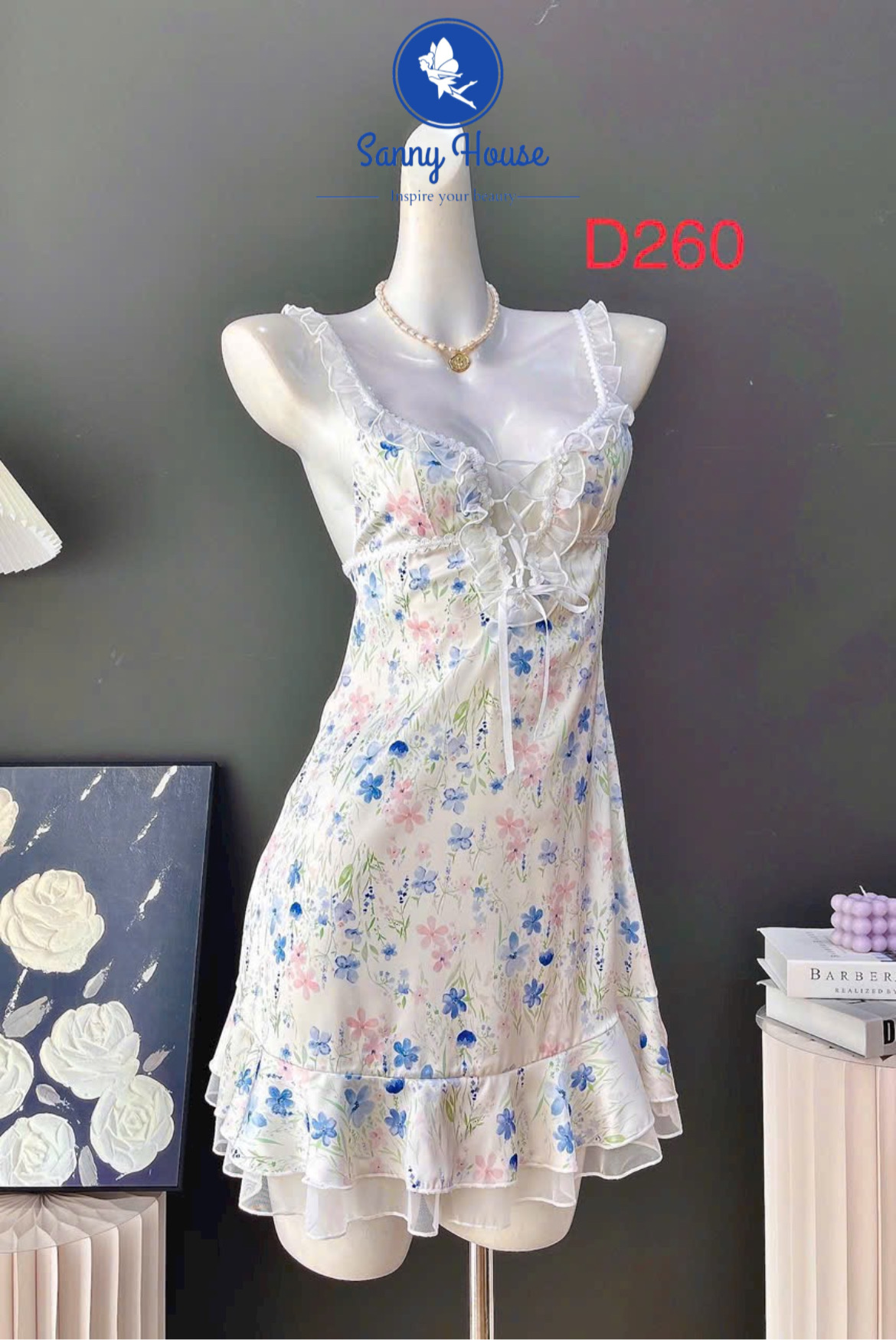 Váy Ngủ D260 Lụa Quảng Châu Cao Cấp Cột Dây Hoa Gợi Cảm