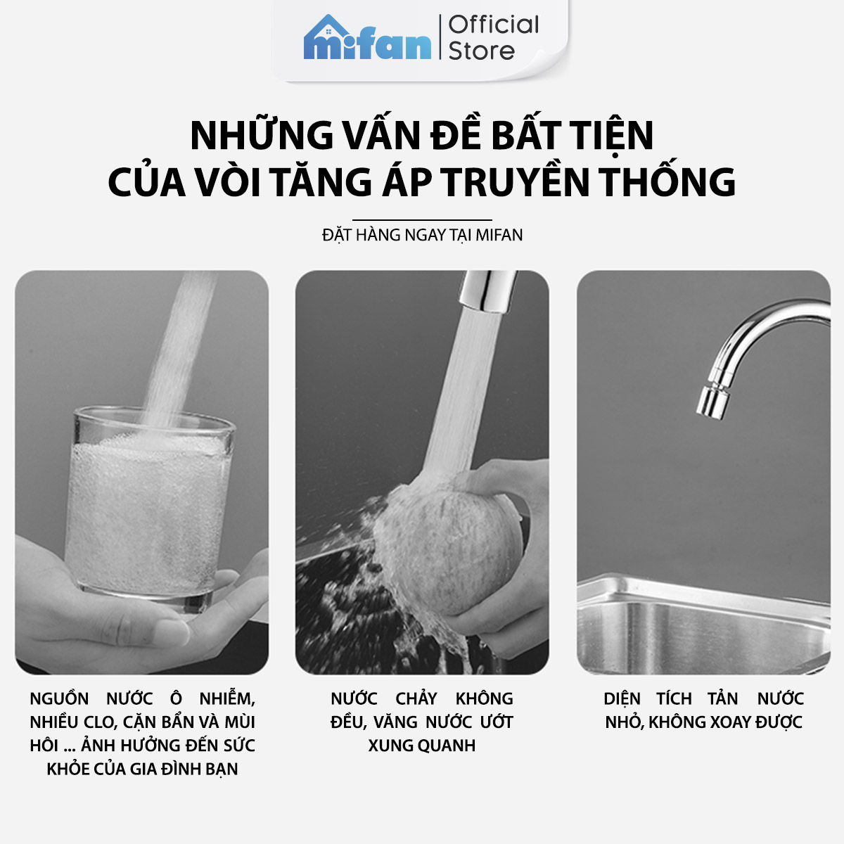 Đầu vòi rửa bát tăng áp lọc nước Mifan -  Lõi PP loại bỏ cặn bẩn, clo, màu và mùi, cổ xoay 360 bồn rửa chén