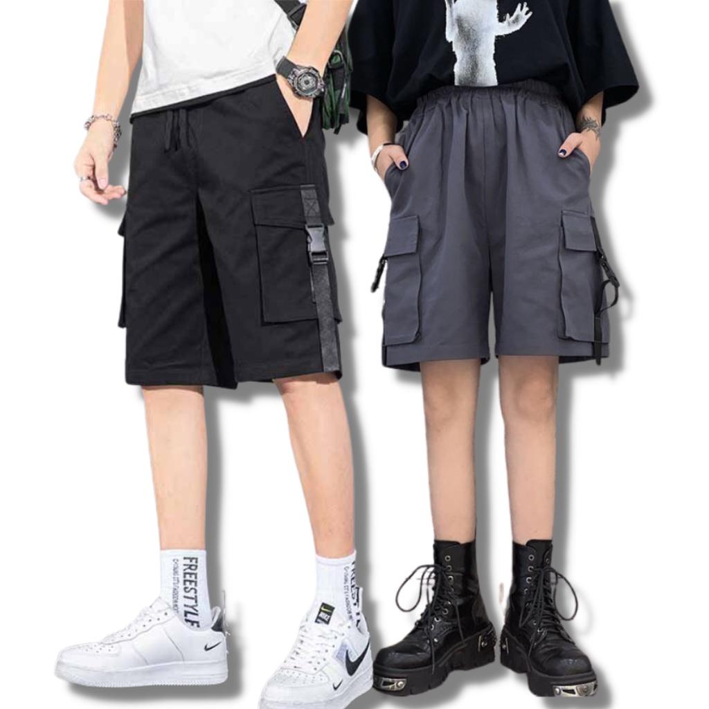 Quần Short Kaki Túi Hộp bên khóa dây gài nam nữ - Sọt Lững Kiểu Dáng Thể Thao Unisex hai Màu Đen,xám 03x.