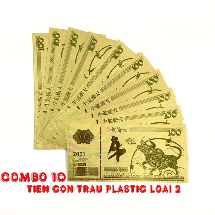 Combo 10 tờ lưu niệm 100 hình con Trâu màu vàng, chất liệu nhựa plastic (loại 2), dùng để trang trí trong nhà, treo cây hoa mai, làm tiền lì xì, quà mừng dịp Lễ, Tết 2021 - TMT Collection - SP005097