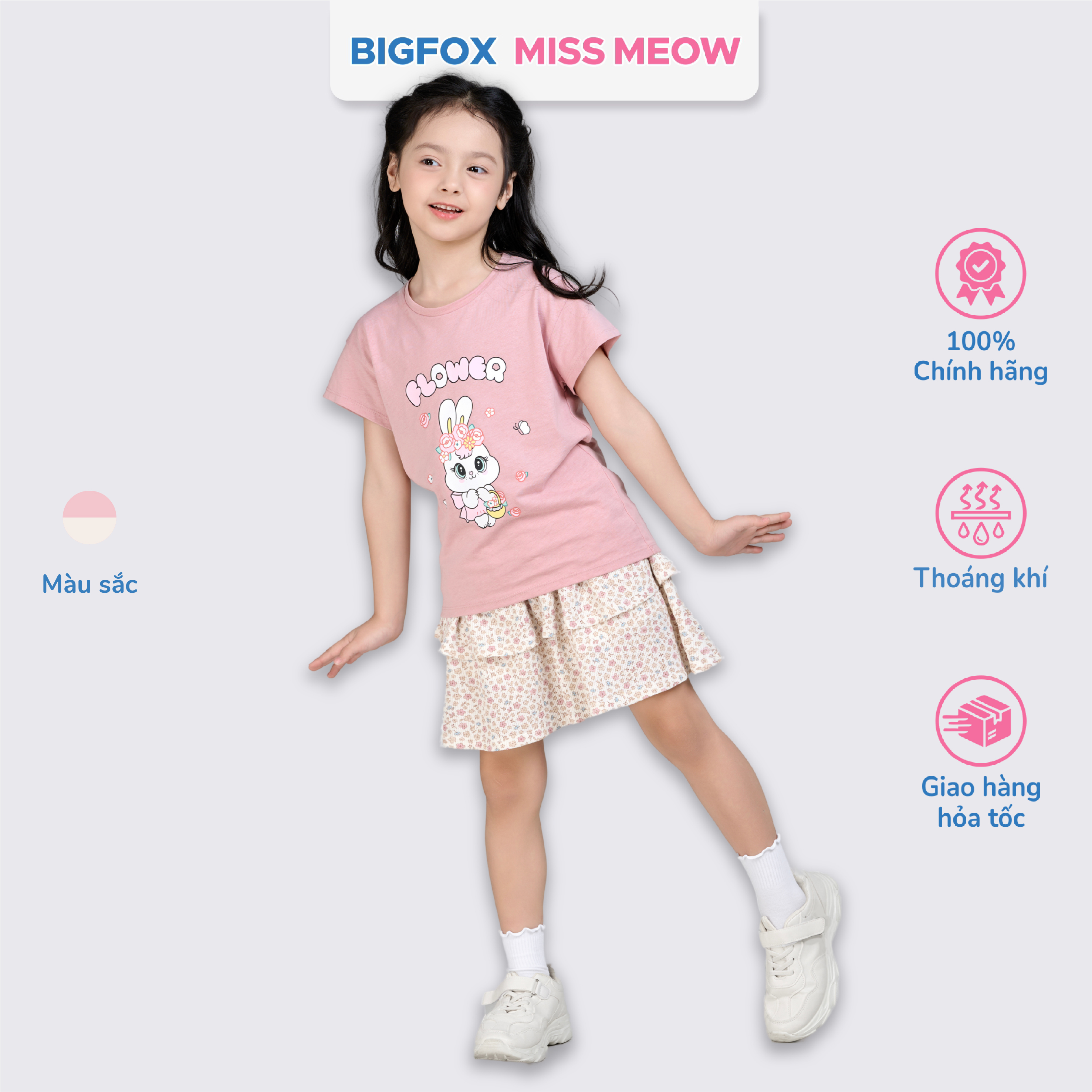 Set bộ cotton bé gái Bigfox Miss Meow size đại cộc tay mix chân váy hè cỡ 3,6,9,11 tuổi 30kg 40kg