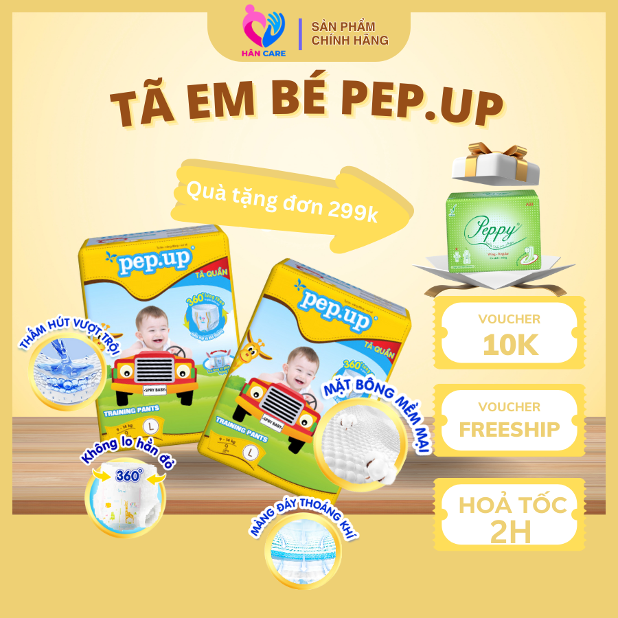 Combo 6 gói Tã/Bỉm Quần Em Bé Pep.up Extra Dry Gói Nhỏ Siêu Mềm Mại, Siêu Khô Thoáng, Kháng Khuẩn Size S11, M10, L9, XL8