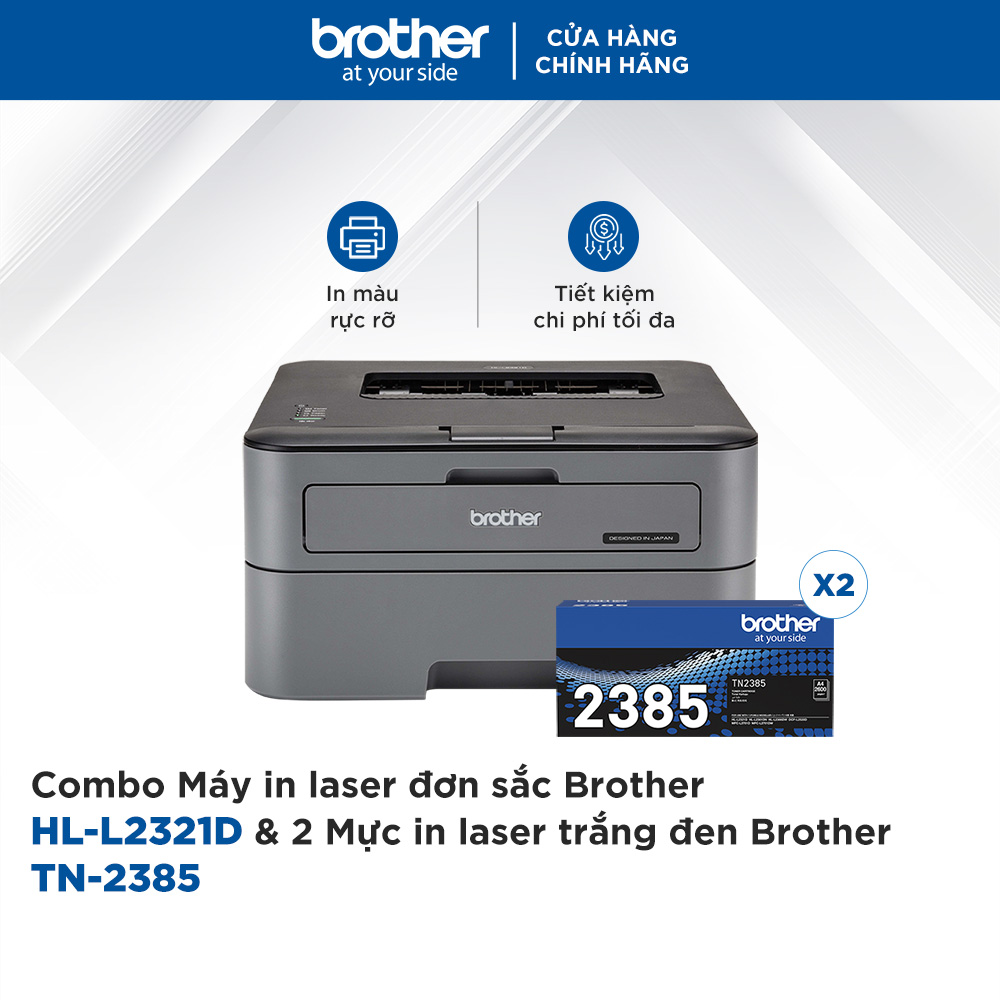 Combo Máy in laser đơn sắc Brother HL-L2321D và 2 Mực in laser trắng đen Brother TN-2385