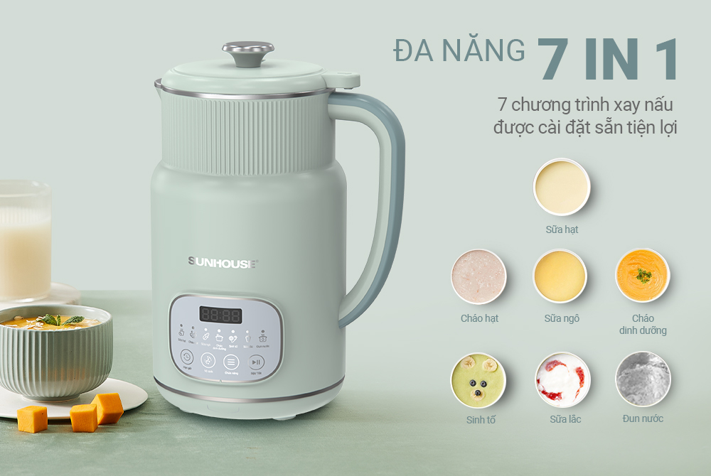 Máy Làm Sữa Hạt Đa Năng Sunhouse SHD5260 – 800ml Cối 2 lớp Lưỡi dao kép 8 cánh, Hẹn giờ nấu thông minh - Hàng chính hãng