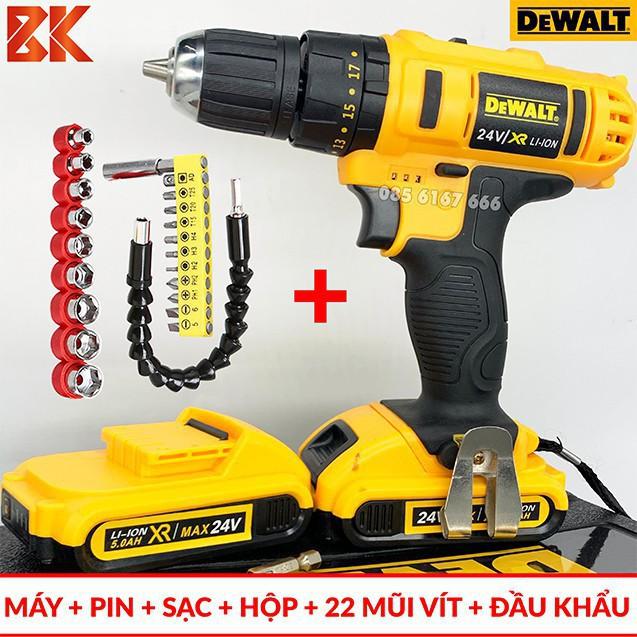 Máy Khoan Pin Dewalt 24V - Có Búa - Lõi Đồng - Pin chuẩn 5 CELL - Kèm Đầu Khẩu + Đầu Vít