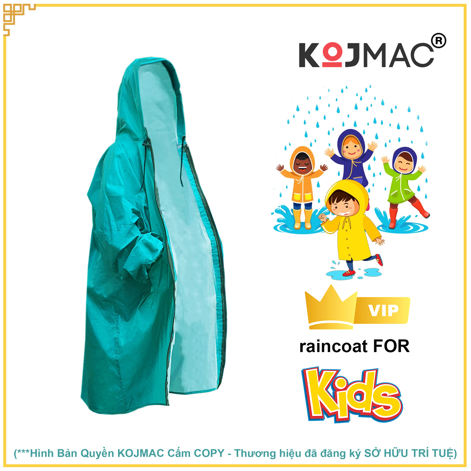 Áo Mưa Trẻ Em Dây Khóa Kéo KOJMAC Raincoat For Kid ( Bộ Quần Áo Liền Thân Cho Bé Học Sinh Balo vải dù da cá .. giá sỉ )