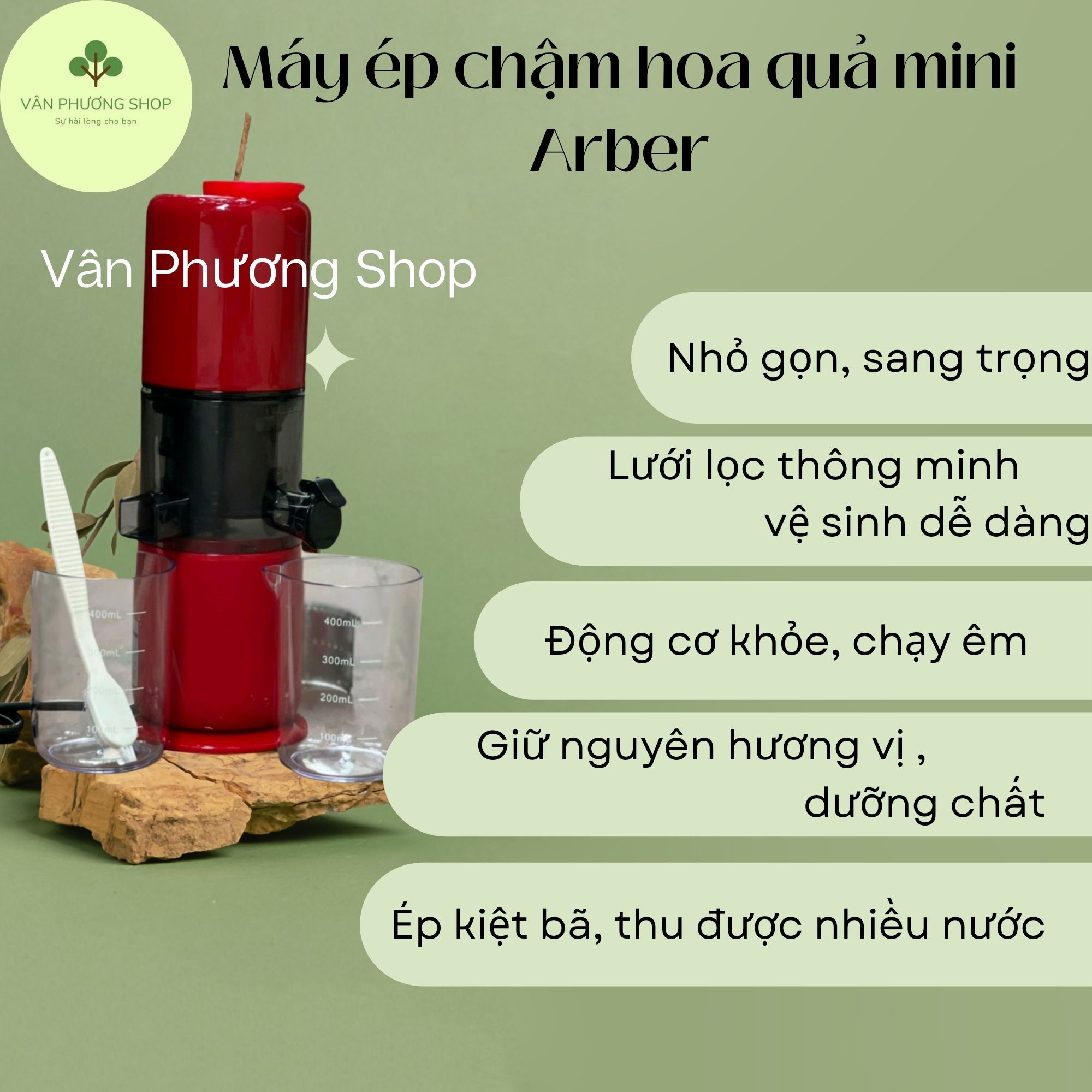 Máy Ép Chậm Trái Cây Mini ArBer MEC2068MĐ Màu Đỏ Trẻ Trung Vân Phương Shop - Hàng Chính Hãng