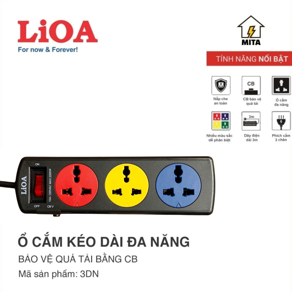 Ổ cắm điện LiOA đa năng 3 Lõi - 3 lỗ, 4 lỗ, 6 lỗ, 8 lỗ Phích 3 chân Dây dài 3m