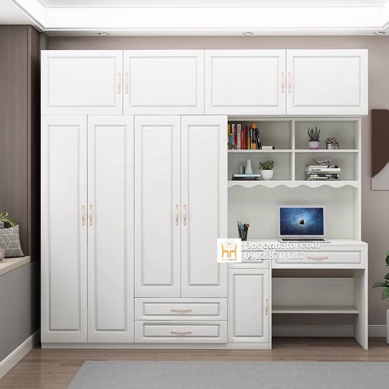 Bàn học liền tủ quần áo màu trắng đẹp 2,2m x 2,2m - TA216