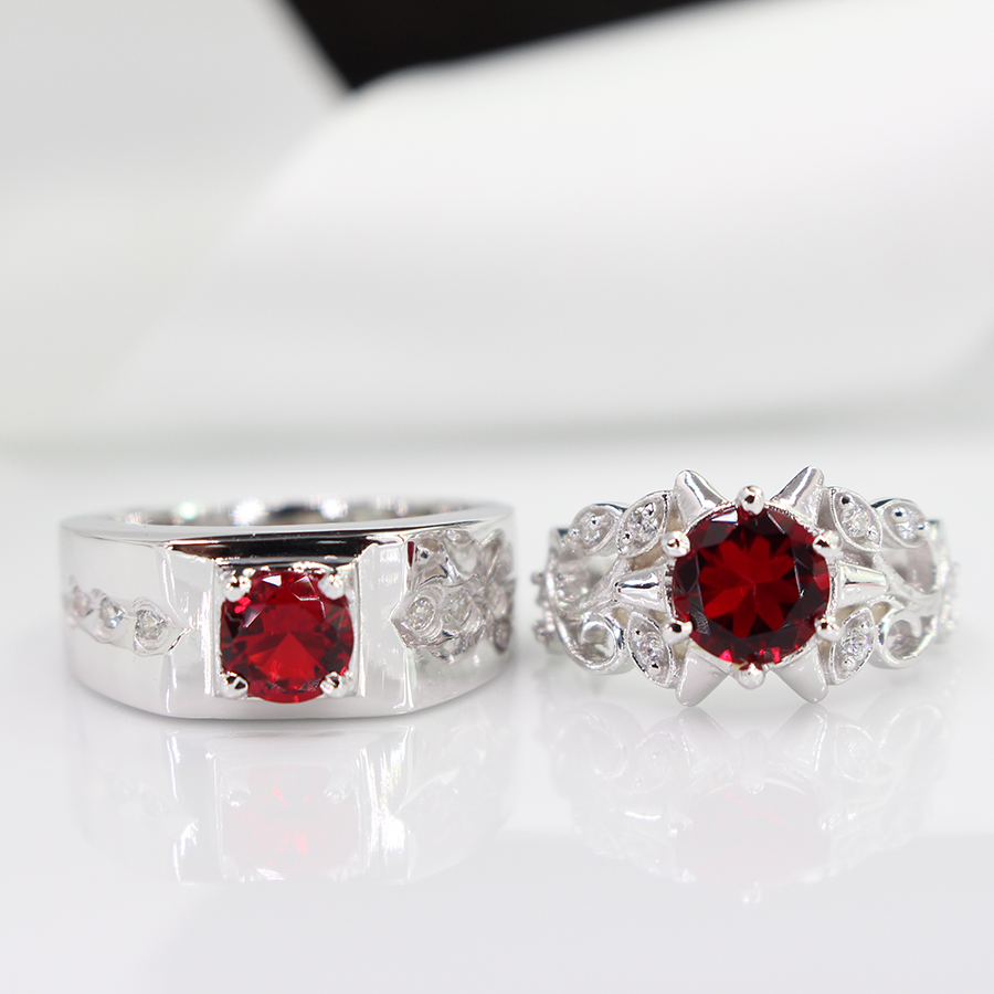 Nhẫn đôi bạc nhẫn cặp bạc đẹp đính đá đỏ sang trọng ND0265 - 6