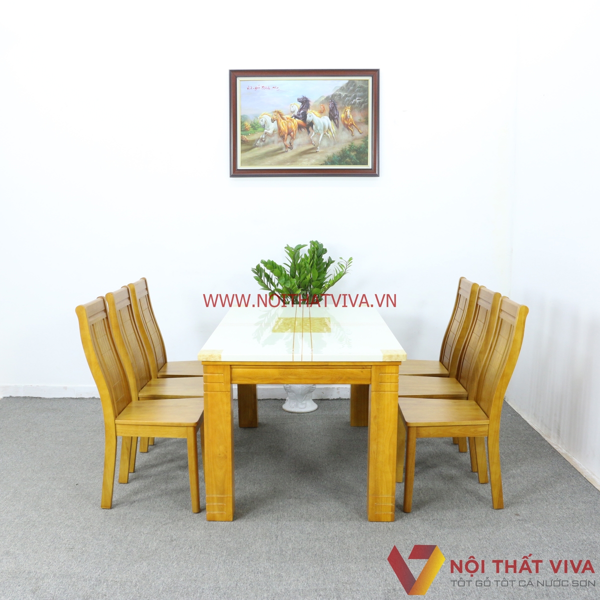 Bộ Bàn Ăn 6 Ghế Gỗ Xoan Mặt Đá Cẩm Thạch Cao Cấp Màu Vàng Mờ Hiện Đại