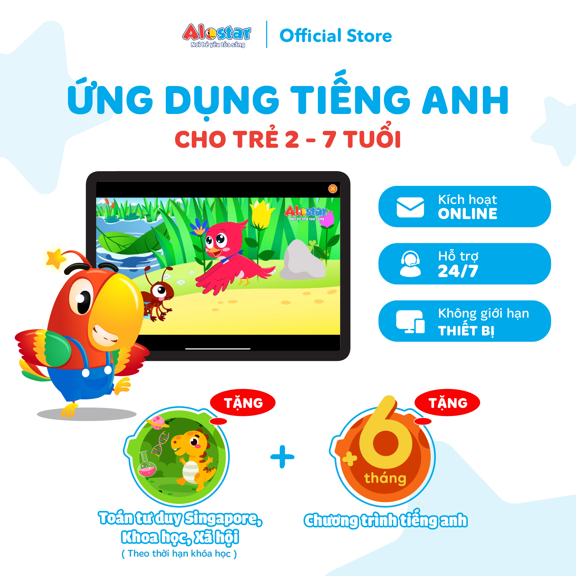 [Gói 9 năm] Combo ALOSTAR và ALOKIDDY Tiếng Anh - Gói học tiếng Anh online trên app dành cho trẻ 2-10 tuổi