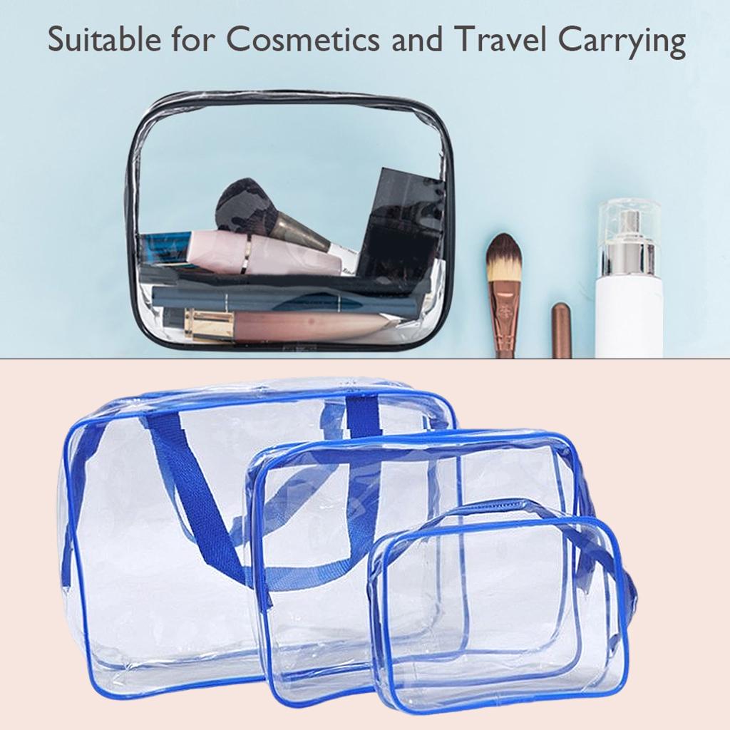 3x Portable Clear Makeup Bag Zipper Waterproof Cosmetics Bag Transparent Travel Storage Carry Pouch PVC Zippered Toiletry Bag Organizers with Handle