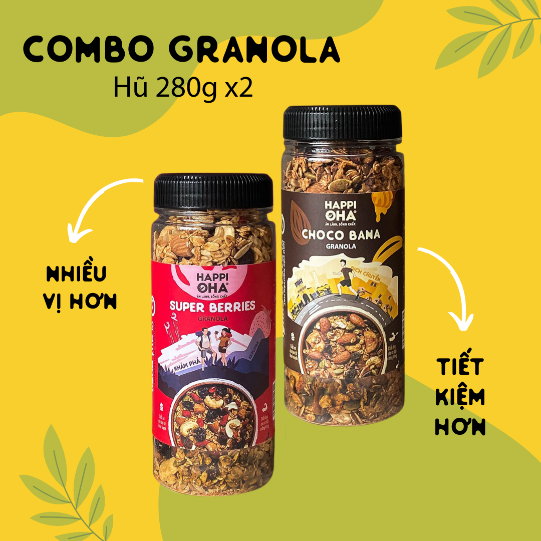 Combo ngũ cốc 8 loại hạt trái - Vị cacao &amp; vị quả mọng - Không đường tinh luyện/phụ gia - HAPPI OHA GRANOLA