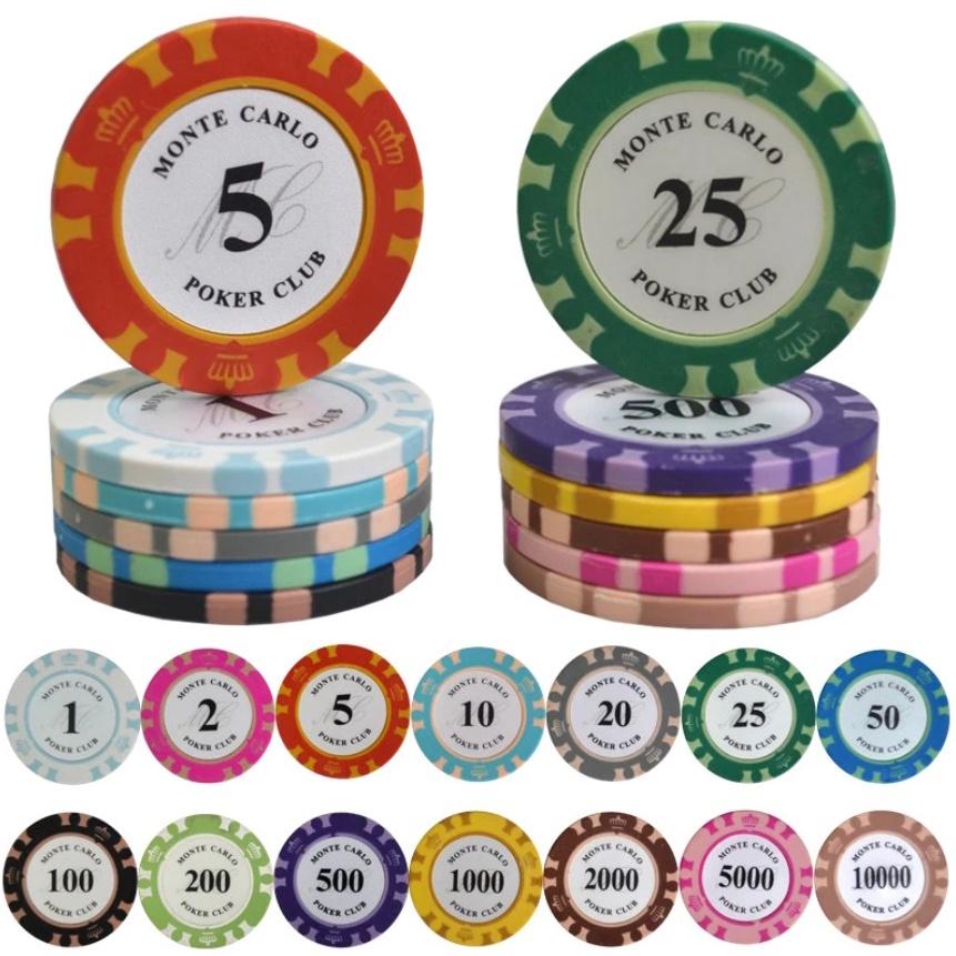 Lẻ 1 cọc 10 phỉnh đất sét poker Monte Carlo hàng đẹp nhiều mệnh giá lựa chọn 1, 5, 10, 25, 50, 100, 200