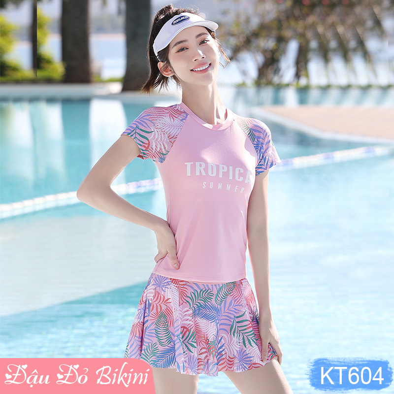 Bộ bơi nữ 2 mảnh dáng áo bơi thun tay ngắn &amp; quần váy đùi nữ tính, phong cách trẻ trung, chất thun bơi lạnh đẹp, co giãn tốt, mịn mát, có size lớn | KT604