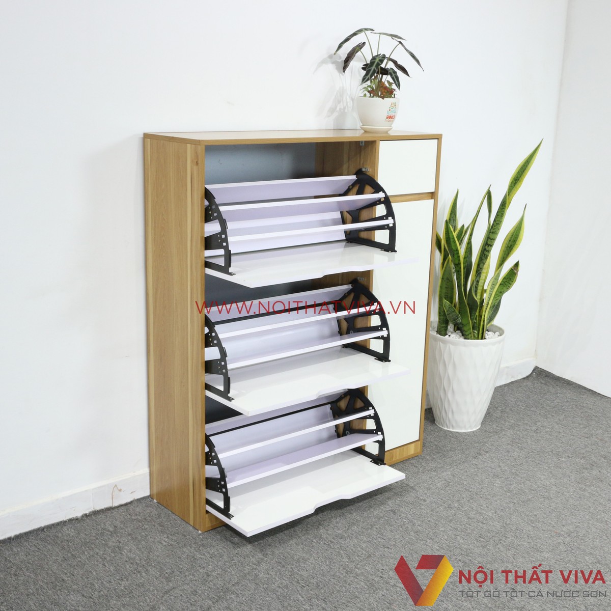 Tủ Giày Thông Minh Gỗ Công Nghiệp 3 Tầng Màu Sọc Vàng Cánh Trắng Đẹp Giá Rẻ