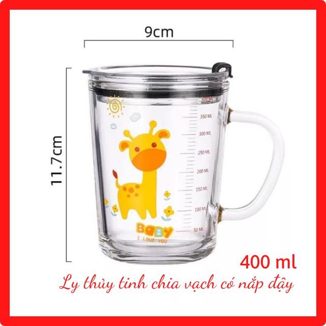 Ly/ Cốc Thủy Tinh Chia Vạch Có Quai Cầm Chịu Nhiệt 400ml – Ly Thủy Tinh Pha Sữa Cho Bé Có Nắp - Kèm Ống Hút Sillicon