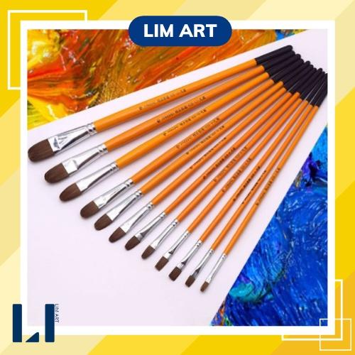 Cọ vẽ đầu oval lông sói thân gỗ, cọ filbert chuyên dụng cho màu nước, acrylic, sơn dầu, goauche