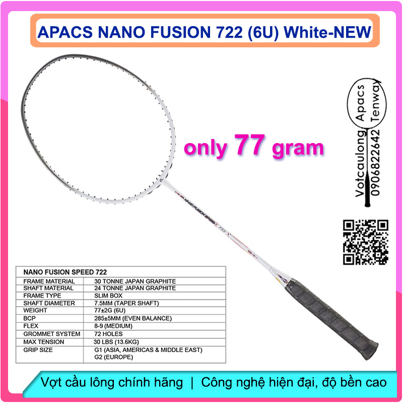 Vợt cầu lông Apacs Nano Fusion Speed 722 White- 6U New Siêu nhẹ như không, cân bằng công thủ, sơn nhám tuyệt đẹp