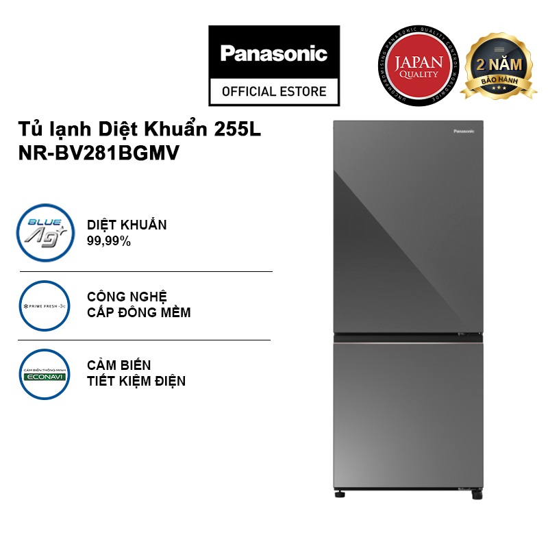 Tủ lạnh Panasonic Diệt Khuẩn 255L NR-BV281BGMV Thiết Kế Mặt Gương - Cấp Đông Mềm - Ngăn Đá Dưới - Siêu Tiết Kiệm Điện Năng - Hàng chính hãng