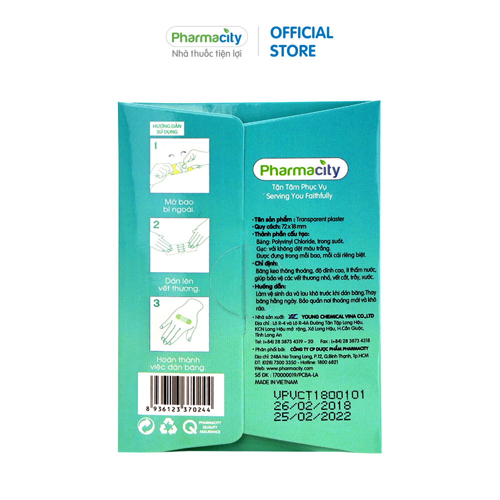 Băng cá nhân Pharmacity Plaster 72x18mm (Hộp 10 miếng)