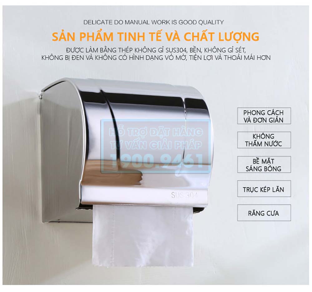 Hộp đựng giấy vệ sinh inox gắn tường cao cấp, chống ướt giấy không hoen gỉ trong môi trường chất tẩy rửa