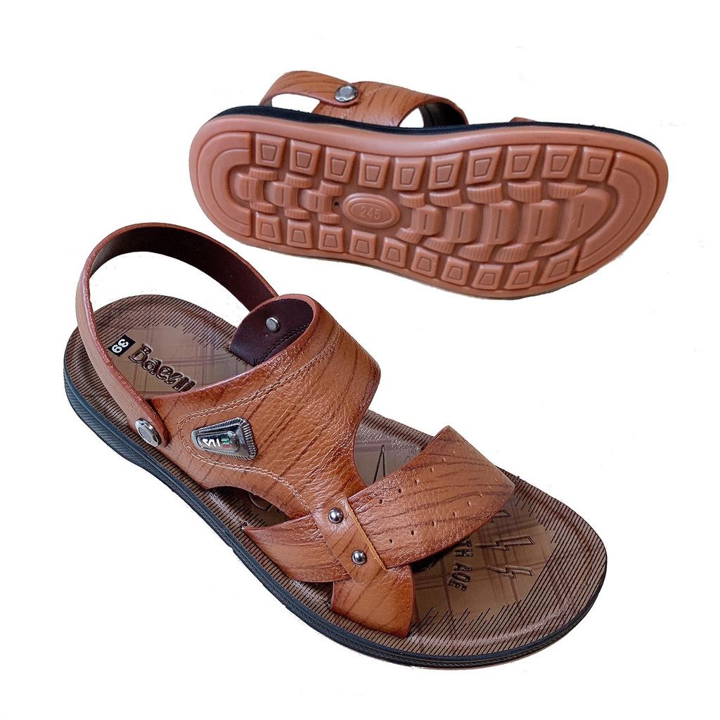 Dép da nam đen đế kếp dép tăng chiều cao 4cm Xăng đan Sandal nam da bò xịn quai ngang quai hậu cao cấp