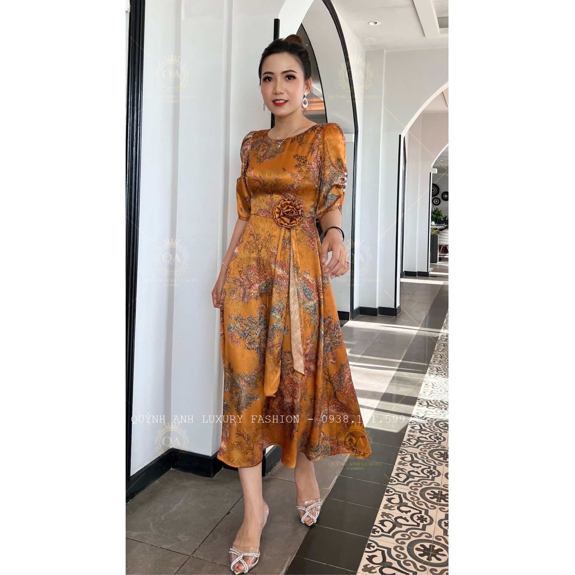 Váy Đầm Xoè Hoa Tone Vàng Đẹp Sang Trọng Cao Cấp Akina Dress