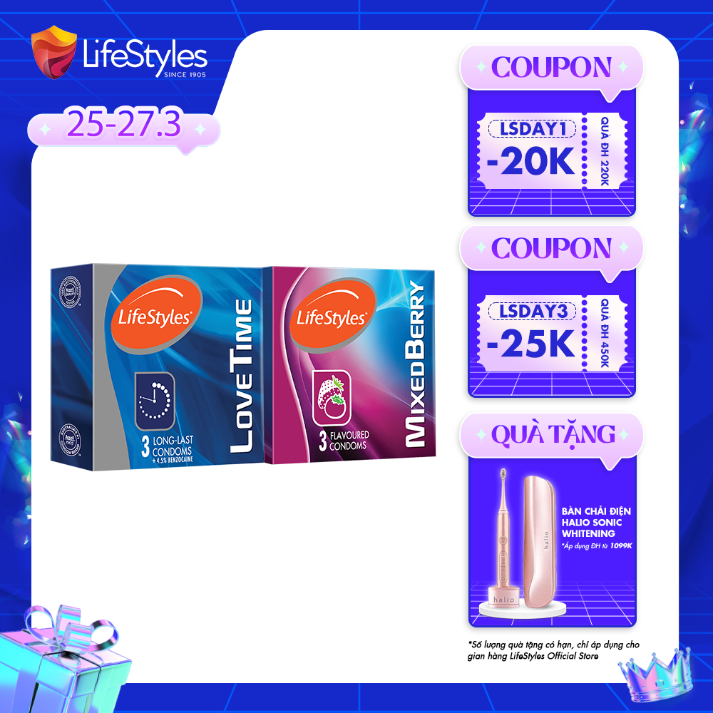 Combo bao cao su LifeStyles Love Time 3 bao + 1 hộp bao cao su Lifetysles MIxed Berry 3 bao