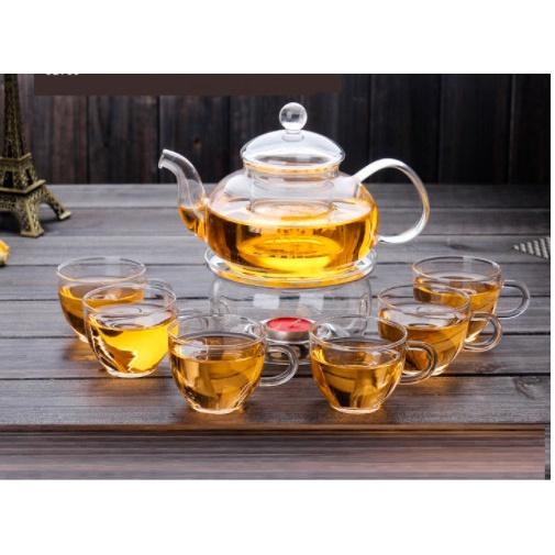 Bộ ấm ấm chén thủy tinh pha trà kèm đế châm nến