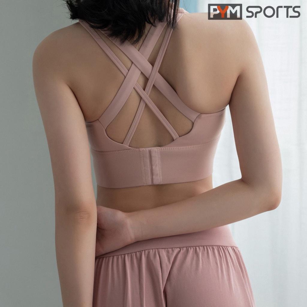 Áo bra, áo tập gym yoga PYMSPORT - PYMBR007 cài khuy sau, dây chéo sau lưng, nâng ngực, 3 màu hồng, xanh than, đen